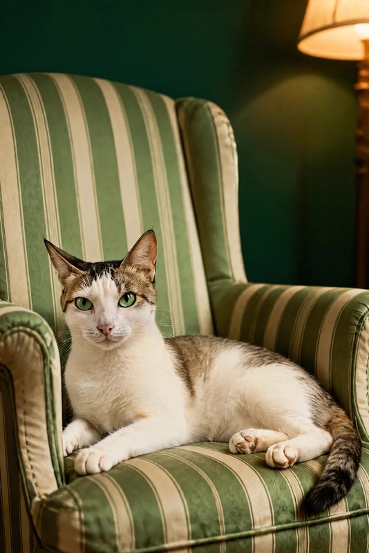 The Forest Green Armchair look made with a white cat with a tabby cap