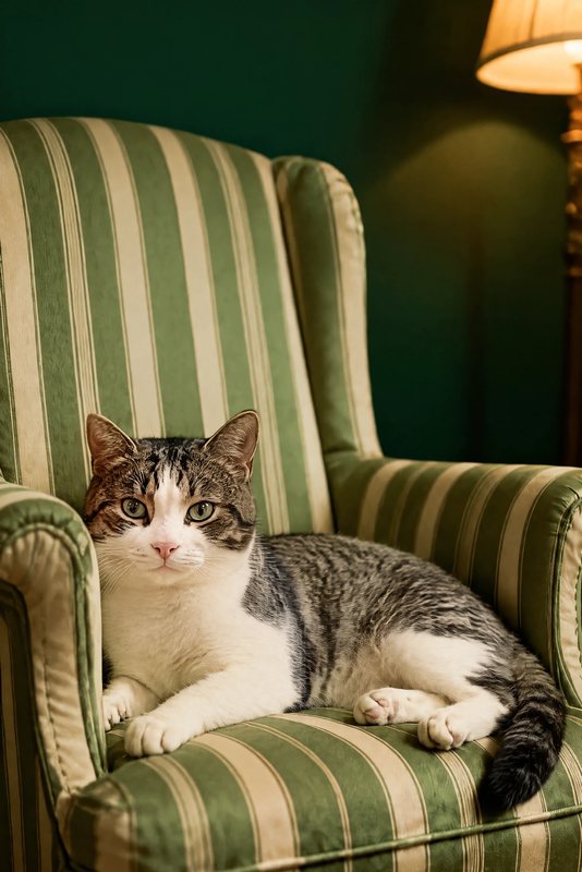 The Forest Green Armchair look made with a tabby-and-white cat