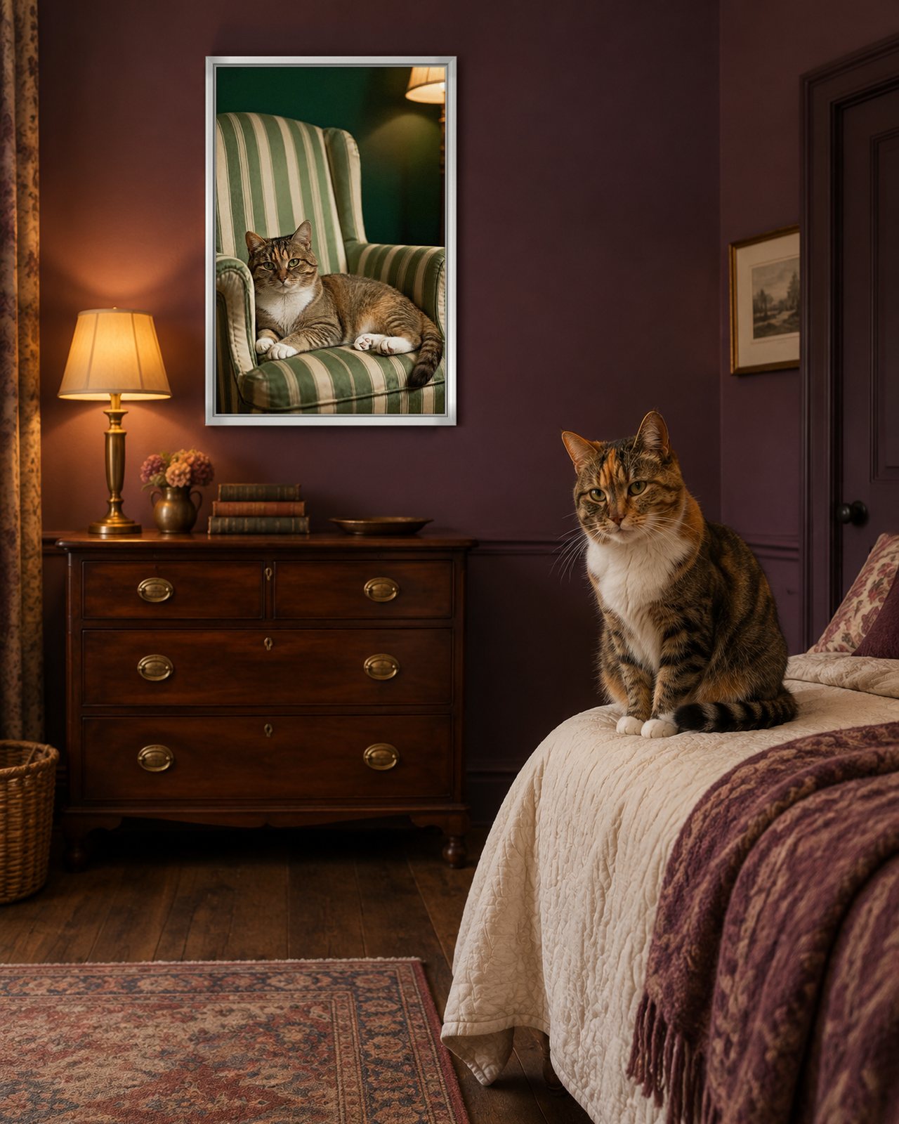 Forest Green Armchair portrait on canvas in a white floating frame in a plum bedroom, with the cat beside it