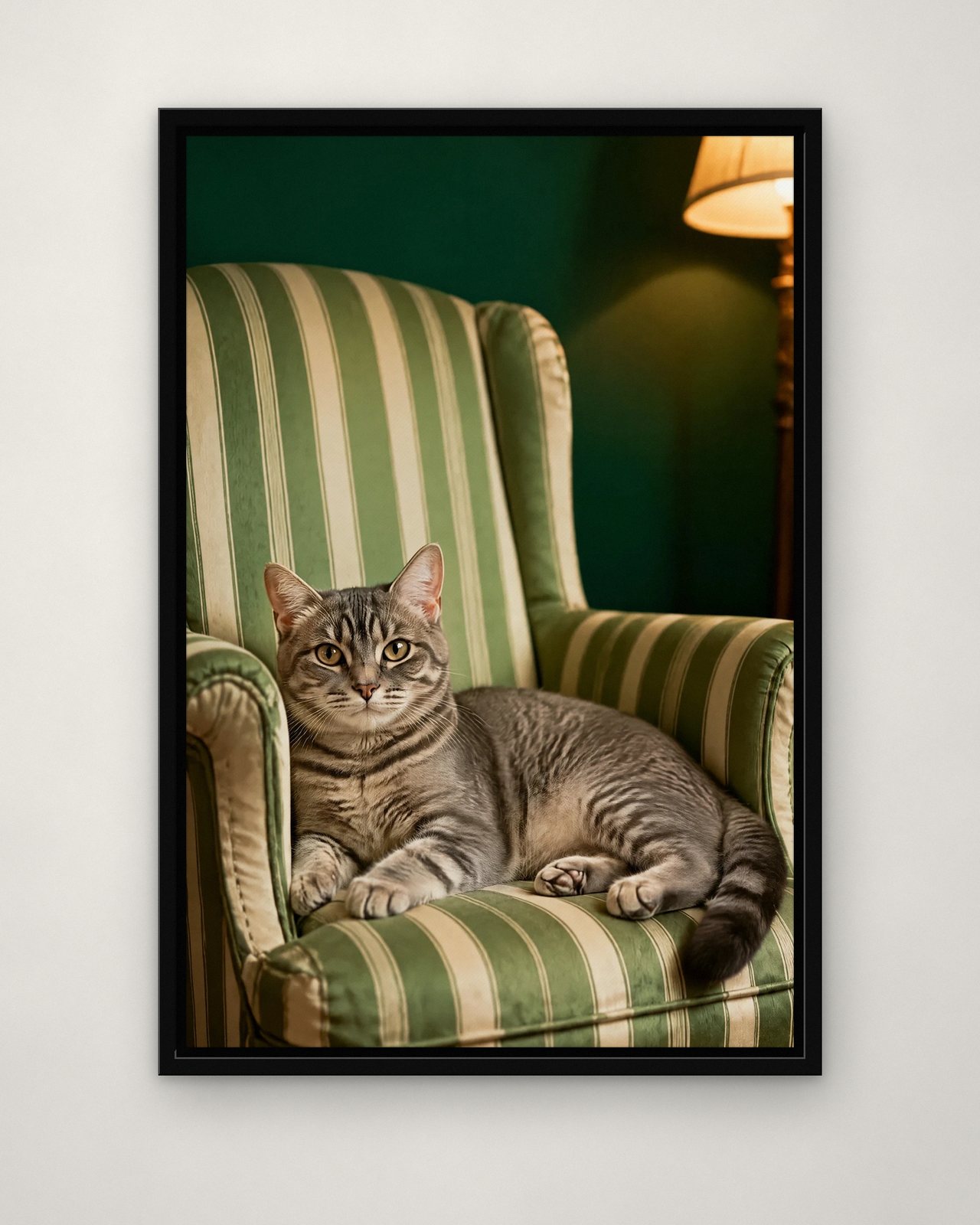 Forest Green Armchair portrait on canvas in a black floating frame on a plain wall