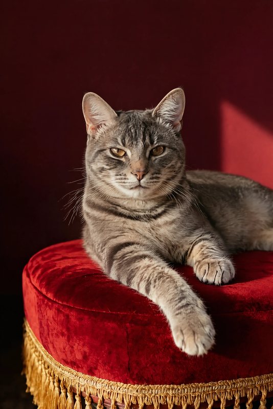 The Crimson Footstool look made with a grey tabby cat