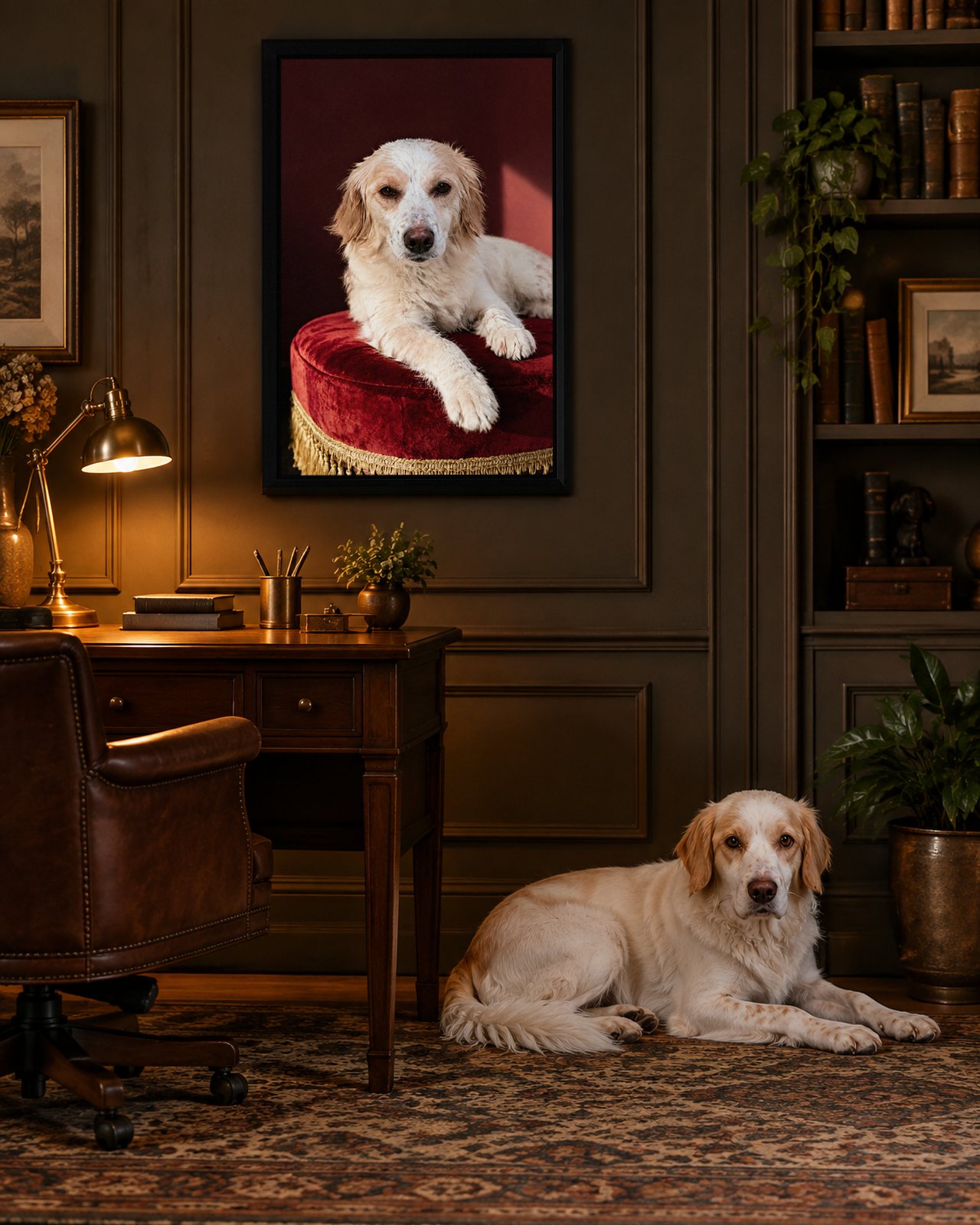 Crimson Footstool portrait on canvas in a black floating frame in a dark-panelled study, with the dog beside it