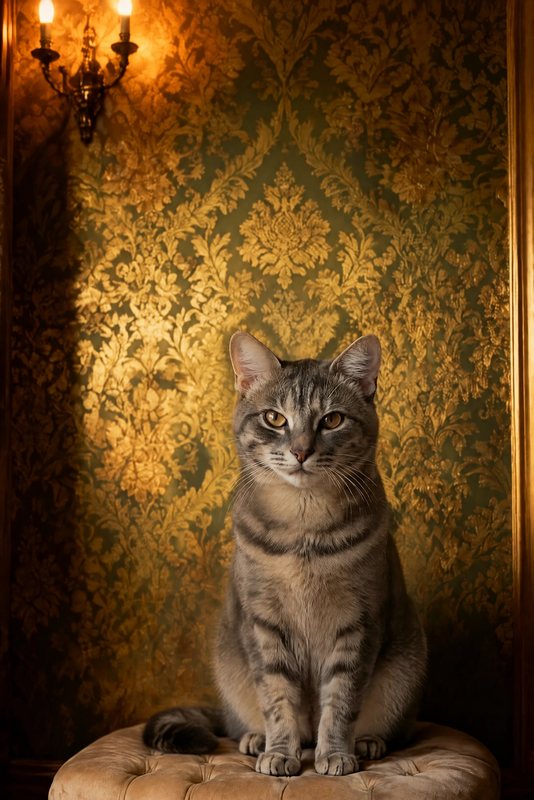 The Damask Parlour look made with a grey tabby cat