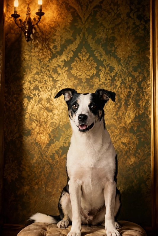 The Damask Parlour look made with a black-and-white dog