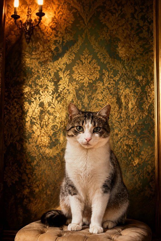 The Damask Parlour look made with a tabby-and-white cat