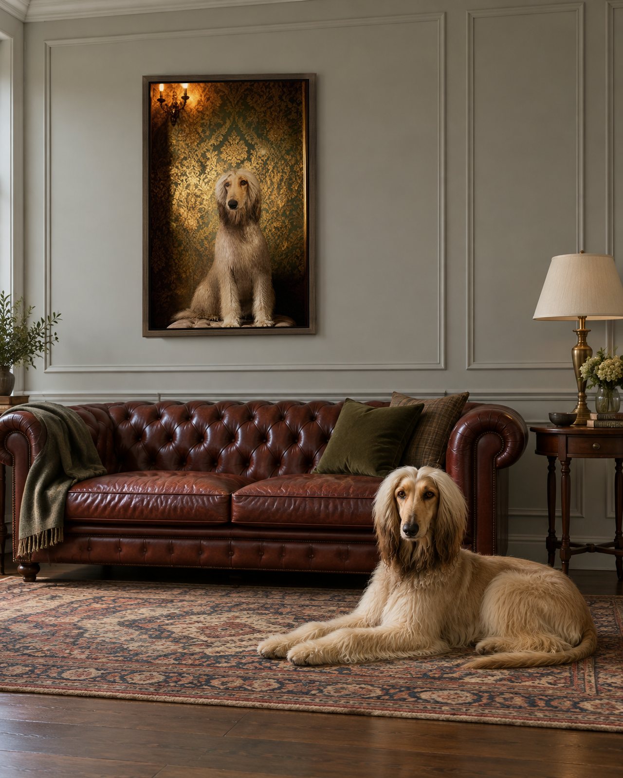 Damask Parlour portrait on canvas in a brown floating frame in a stone-grey sitting room with a chesterfield, with the dog beside it