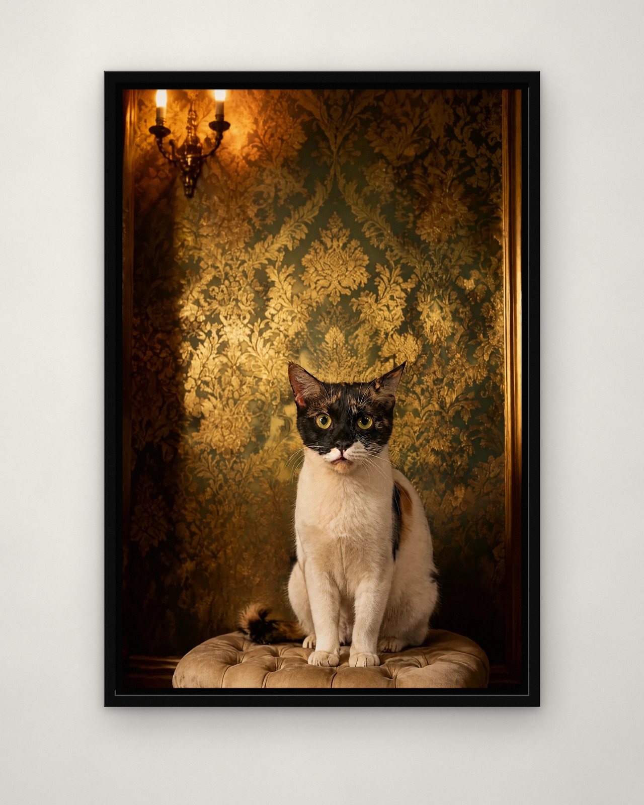 Damask Parlour portrait on canvas in a black floating frame on a plain wall