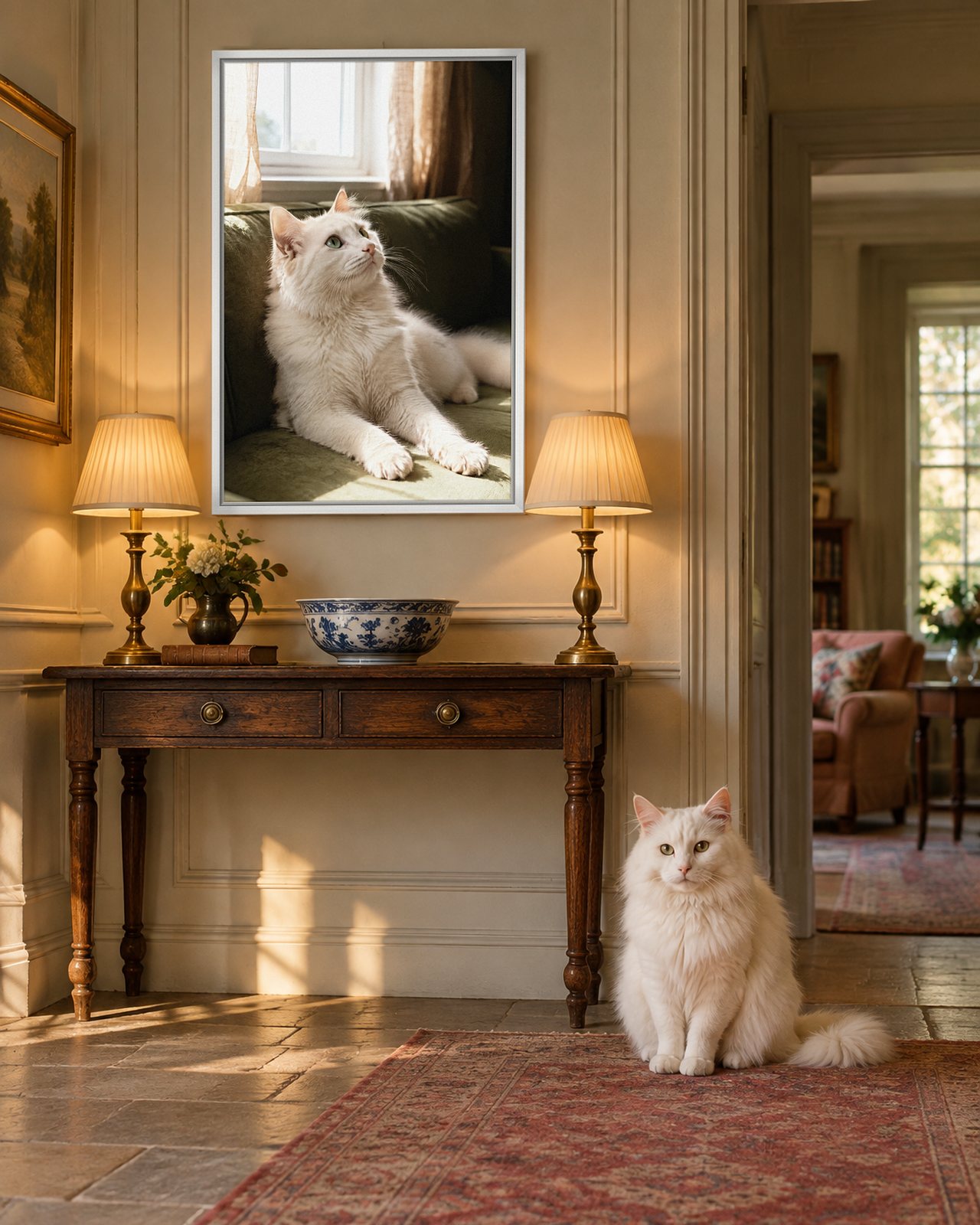 Window Light portrait on canvas in a white floating frame in a country-house hallway, with the cat beside it