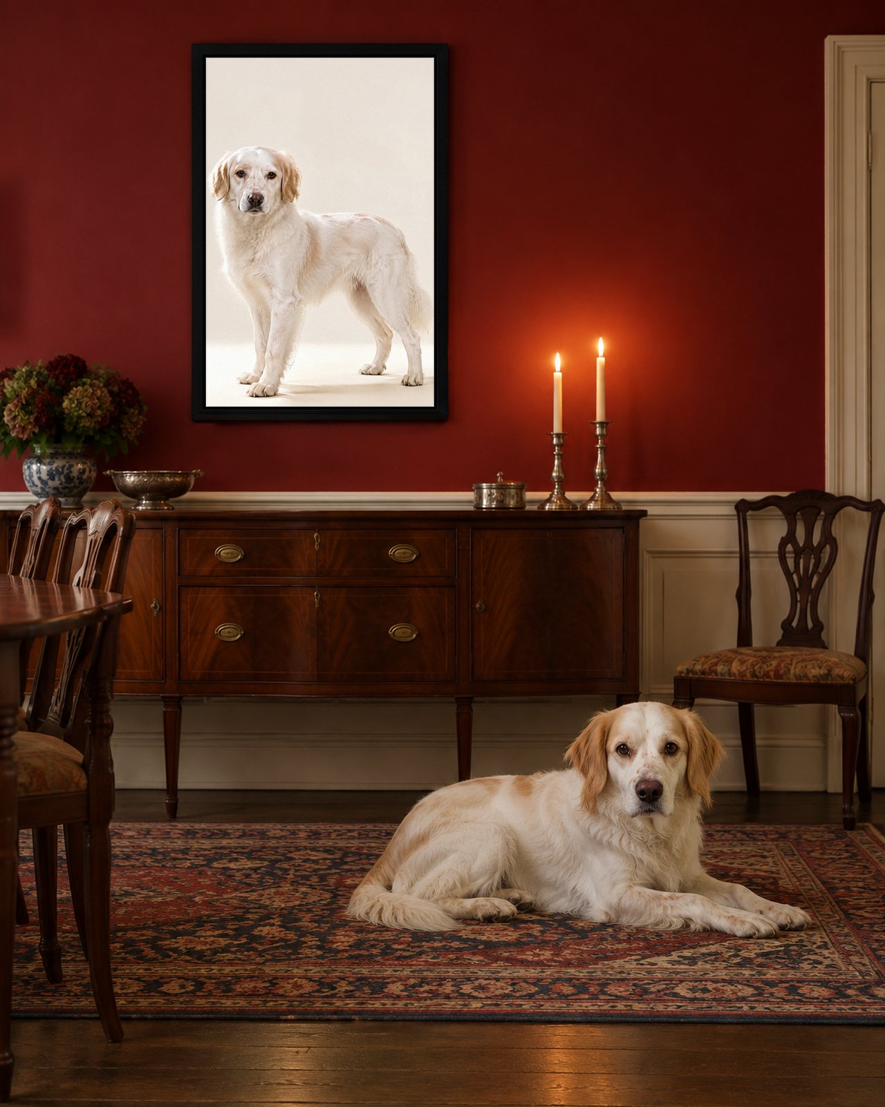 Best in Show portrait on canvas in a black floating frame in a claret dining room, with the dog beside it