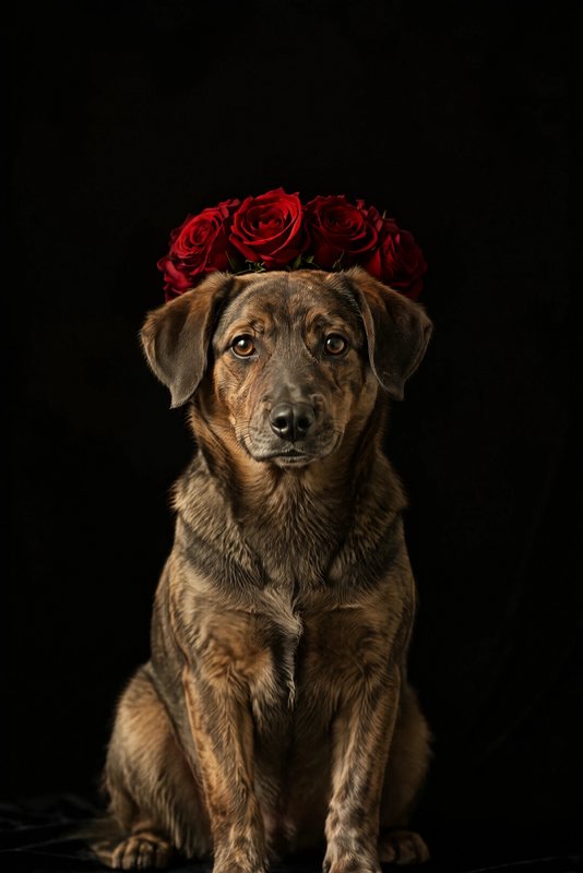 The Midnight Roses look made with a brindle mixed-breed dog