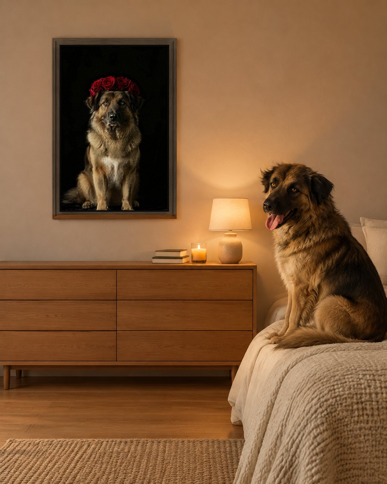Midnight Roses portrait on canvas in a brown floating frame in a cosy bedroom, with the dog beside it