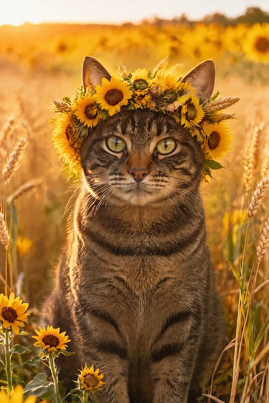 The Sunflower Field look made with a brown tabby cat