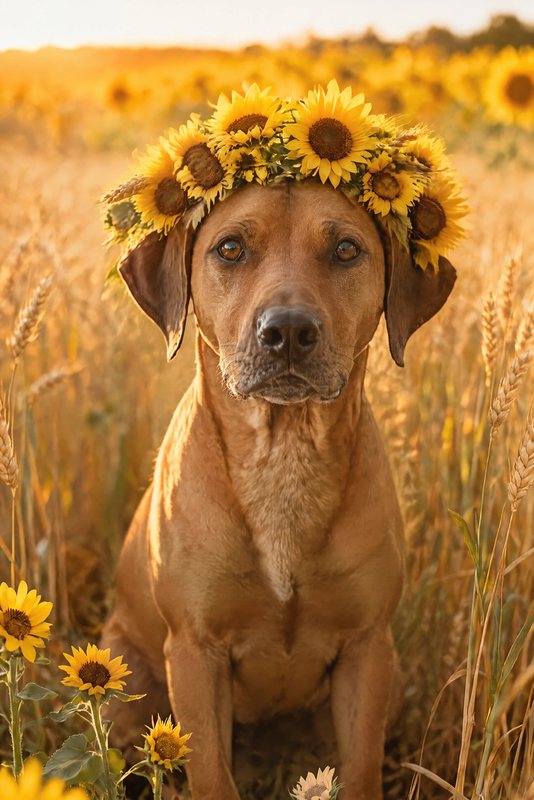 The Sunflower Field look made with a red-brown hound