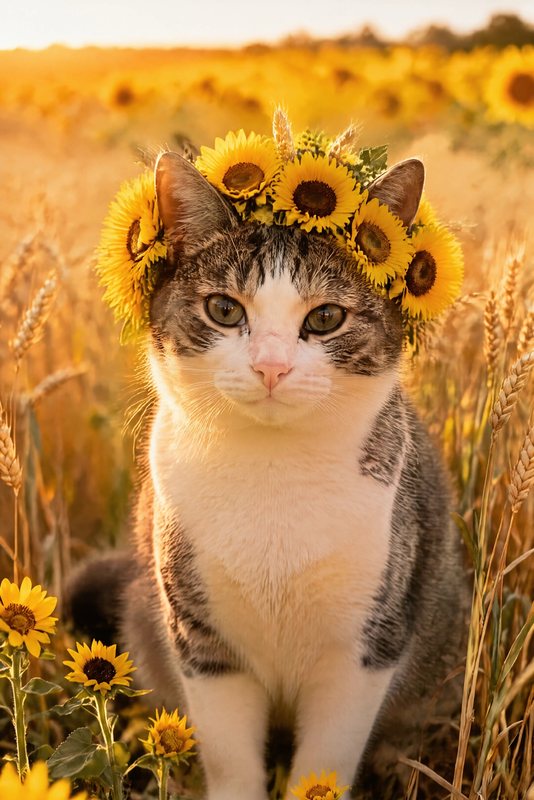 The Sunflower Field look made with a tabby-and-white cat