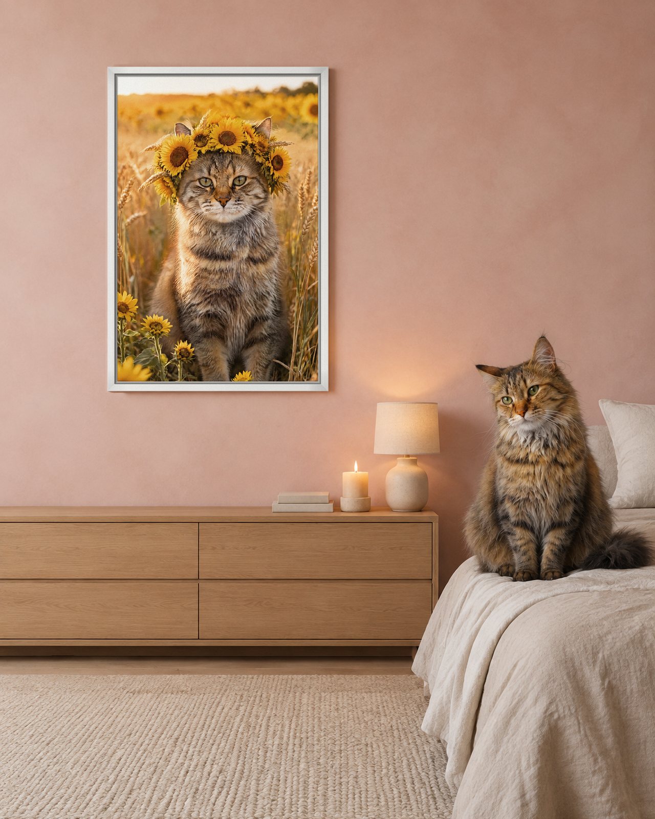 Sunflower Field portrait on canvas in a white floating frame in a blush-plaster bedroom, with the cat beside it