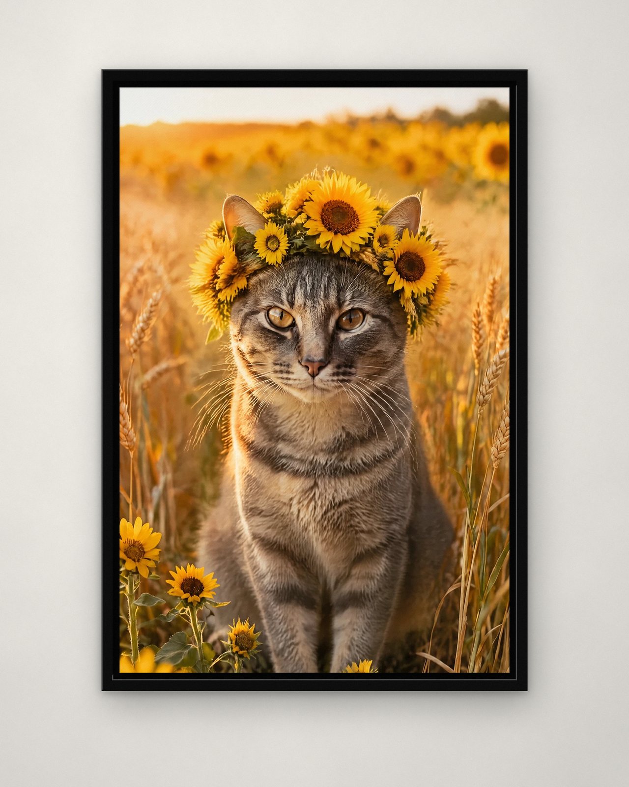Sunflower Field portrait on canvas in a black floating frame on a plain wall