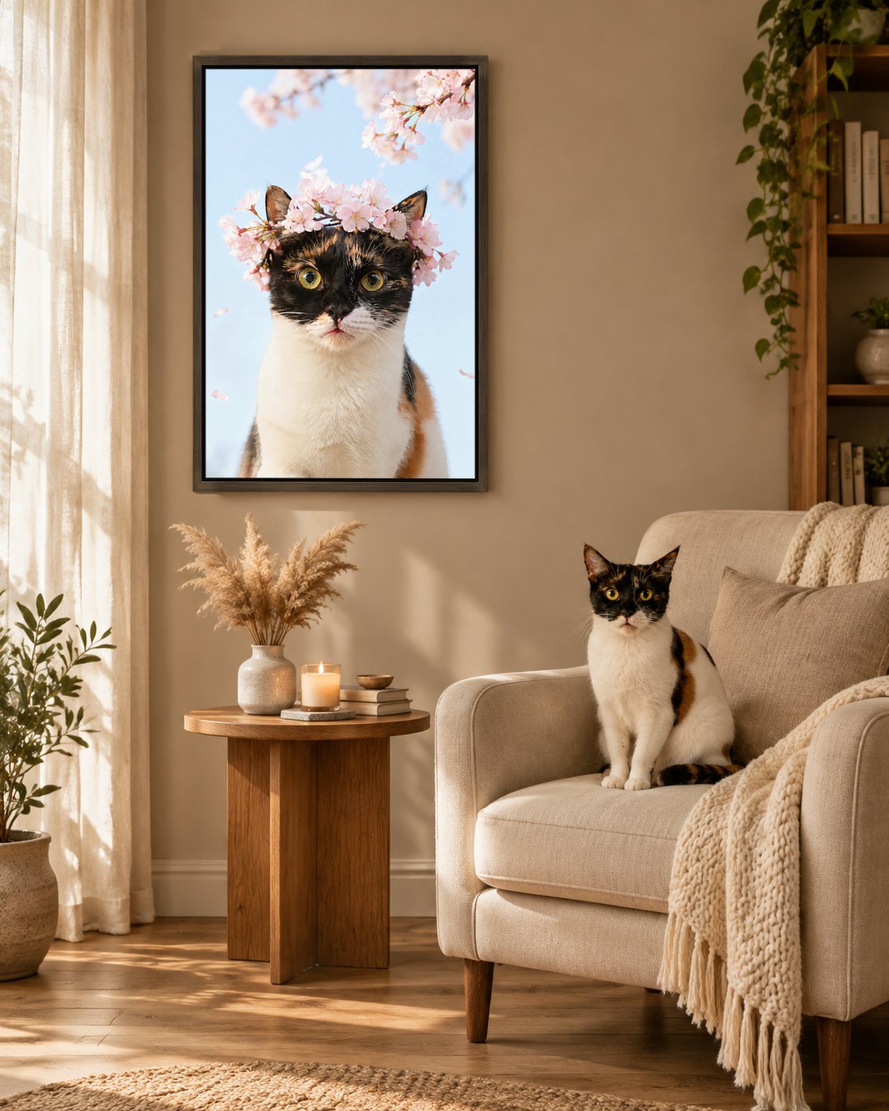 Cherry Blossom portrait on canvas in a brown floating frame in a quiet reading corner, with the cat beside it