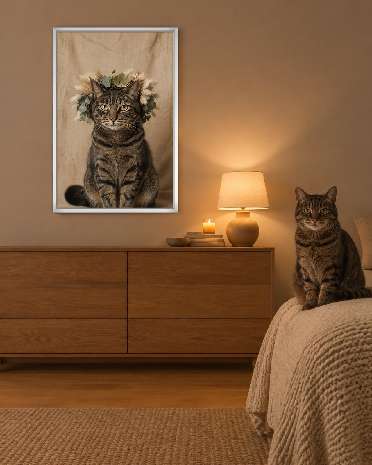 Dried & Boho portrait on canvas in a white floating frame in a cosy bedroom, with the cat beside it