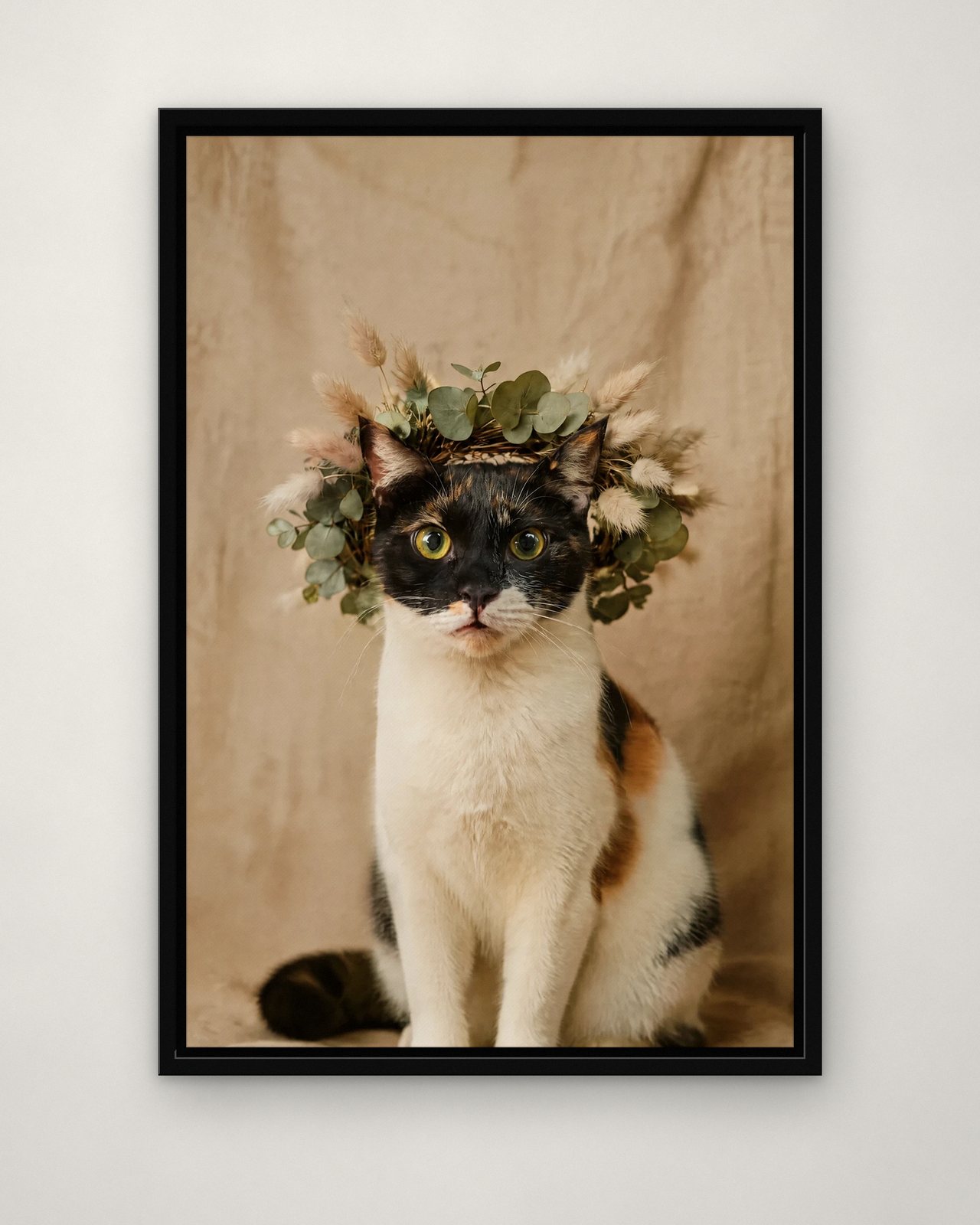 Dried & Boho portrait on canvas in a black floating frame on a plain wall