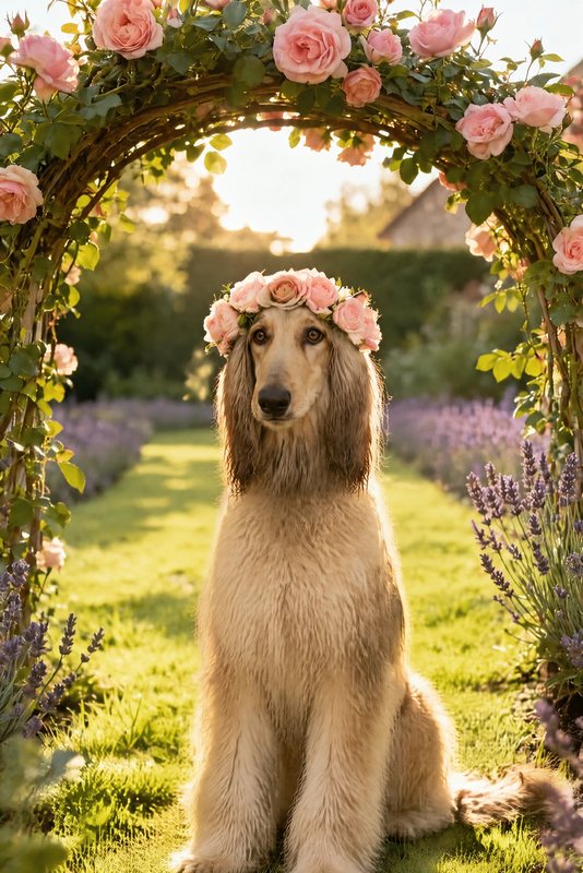 The Garden Party look made with a cream Afghan hound