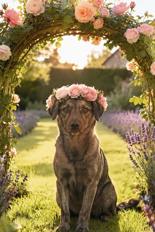 The Garden Party look made with a brindle mixed-breed dog