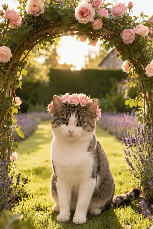 The Garden Party look made with a tabby-and-white cat