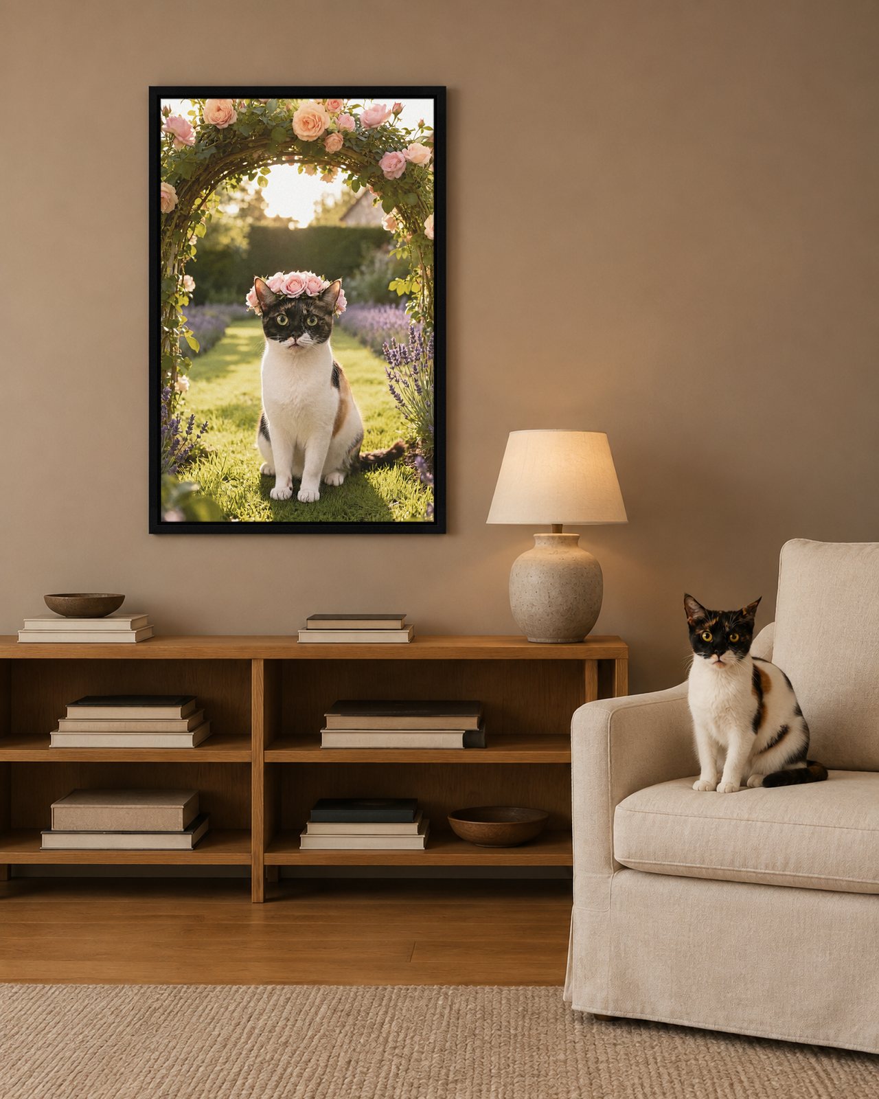 Garden Party portrait on canvas in a black floating frame in a warm-taupe library nook, with the cat beside it