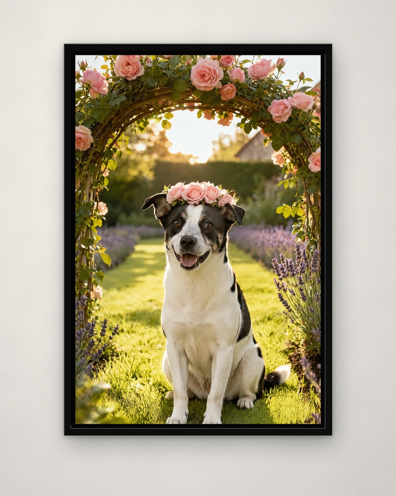 Garden Party portrait on canvas in a black floating frame on a plain wall