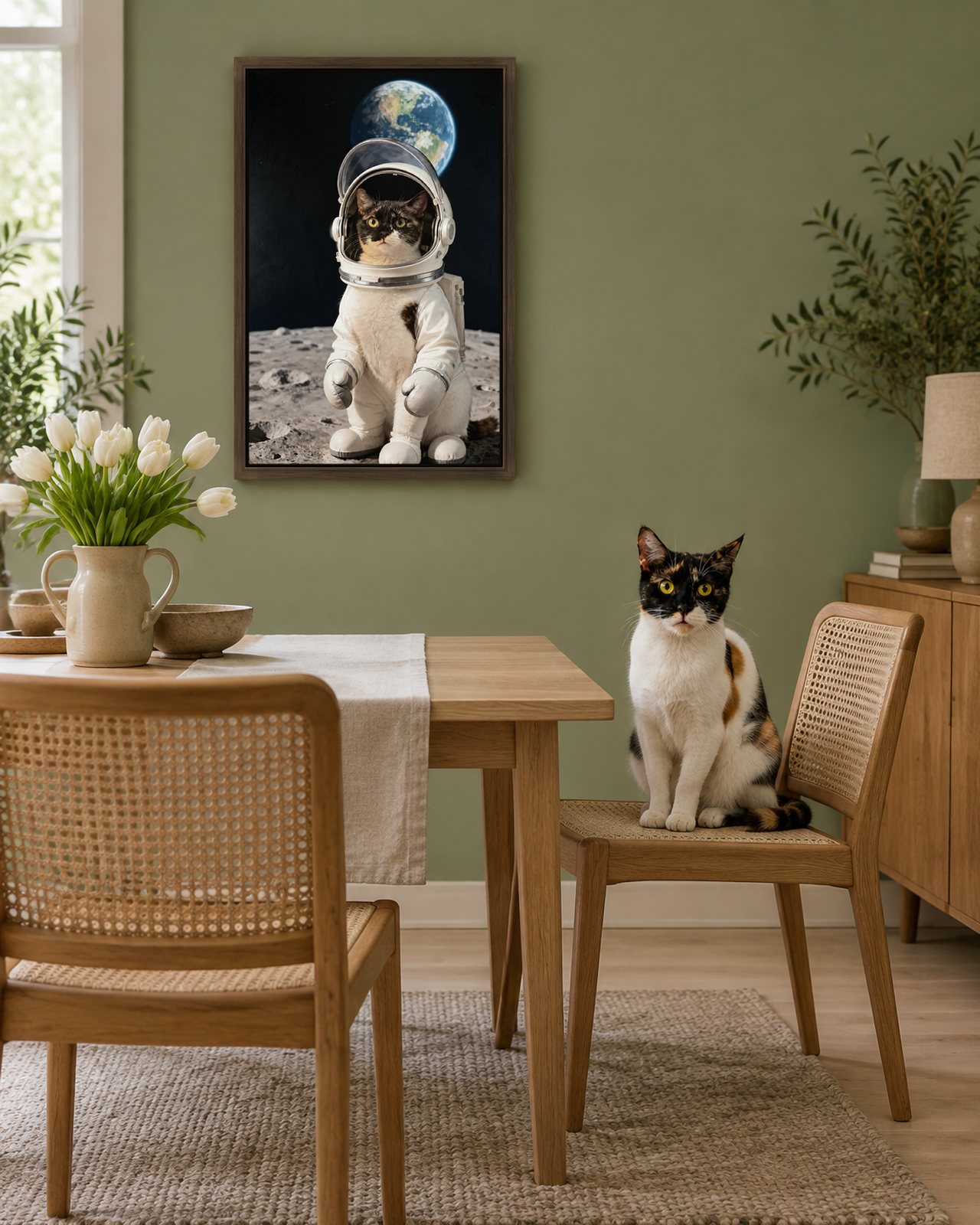 Helmet Portrait portrait on canvas in a brown floating frame in a sage-green dining room, with the cat beside it