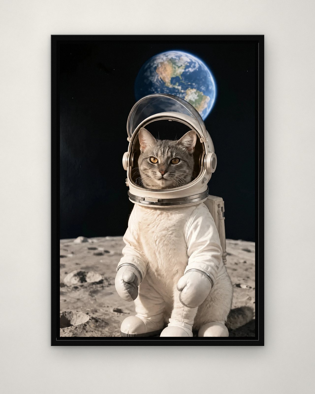 Helmet Portrait portrait on canvas in a black floating frame on a plain wall