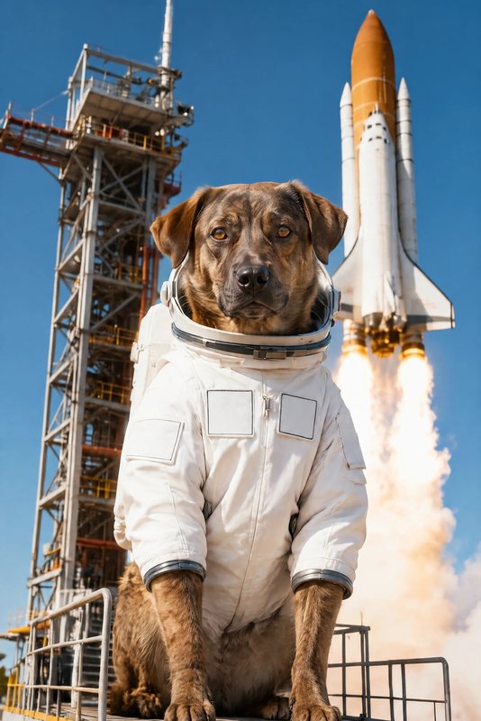 The Launch Day look made with a brindle mixed-breed dog