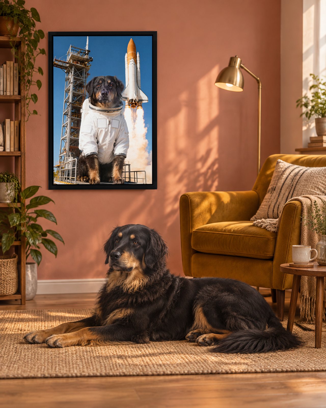 Launch Day portrait on canvas in a black floating frame in a clay-pink reading nook, with the dog beside it