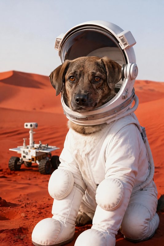 The Red Planet look made with a brindle mixed-breed dog