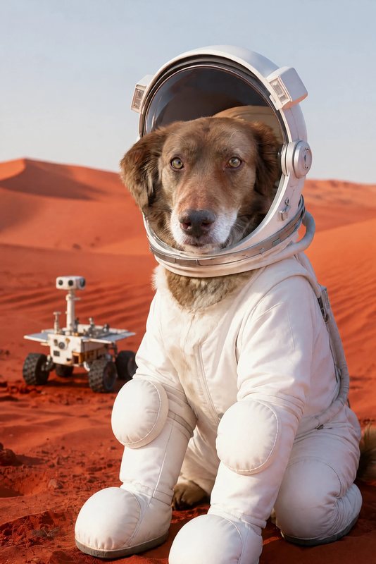 The Red Planet look made with a chocolate shepherd-collie mix
