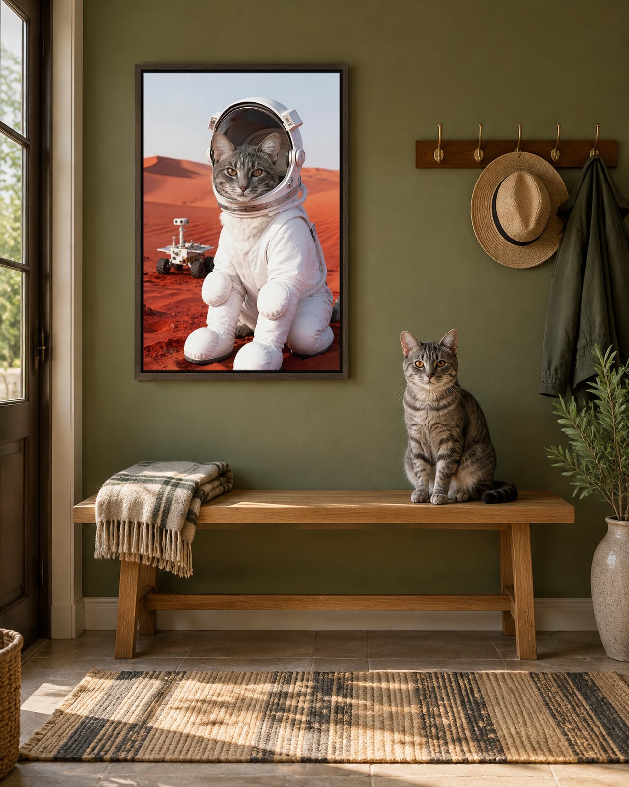 Red Planet portrait on canvas in a brown floating frame in an olive-green entryway with a bench, with the cat beside it