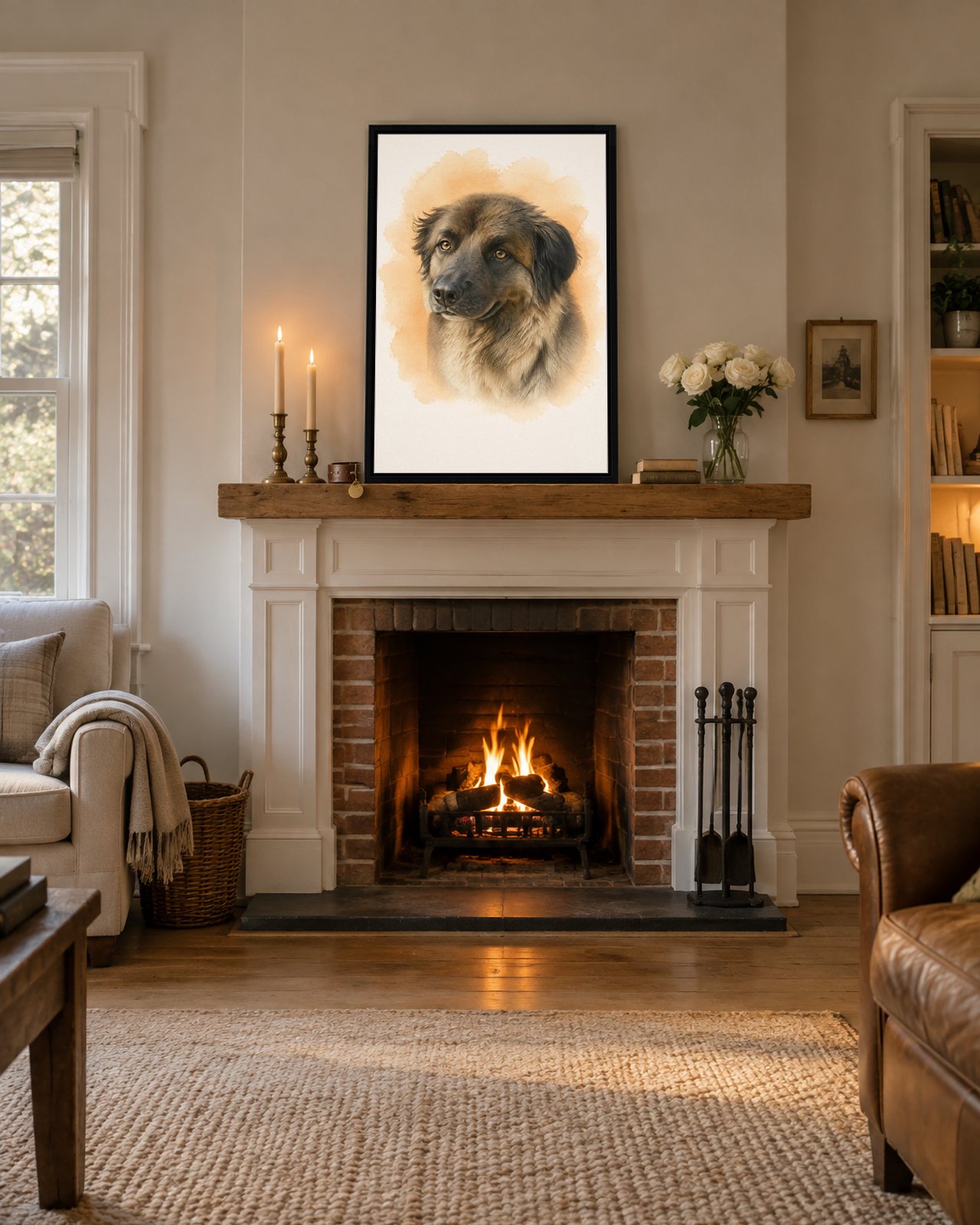 Amber Glow portrait on canvas in a black floating frame in a living room with a fireplace