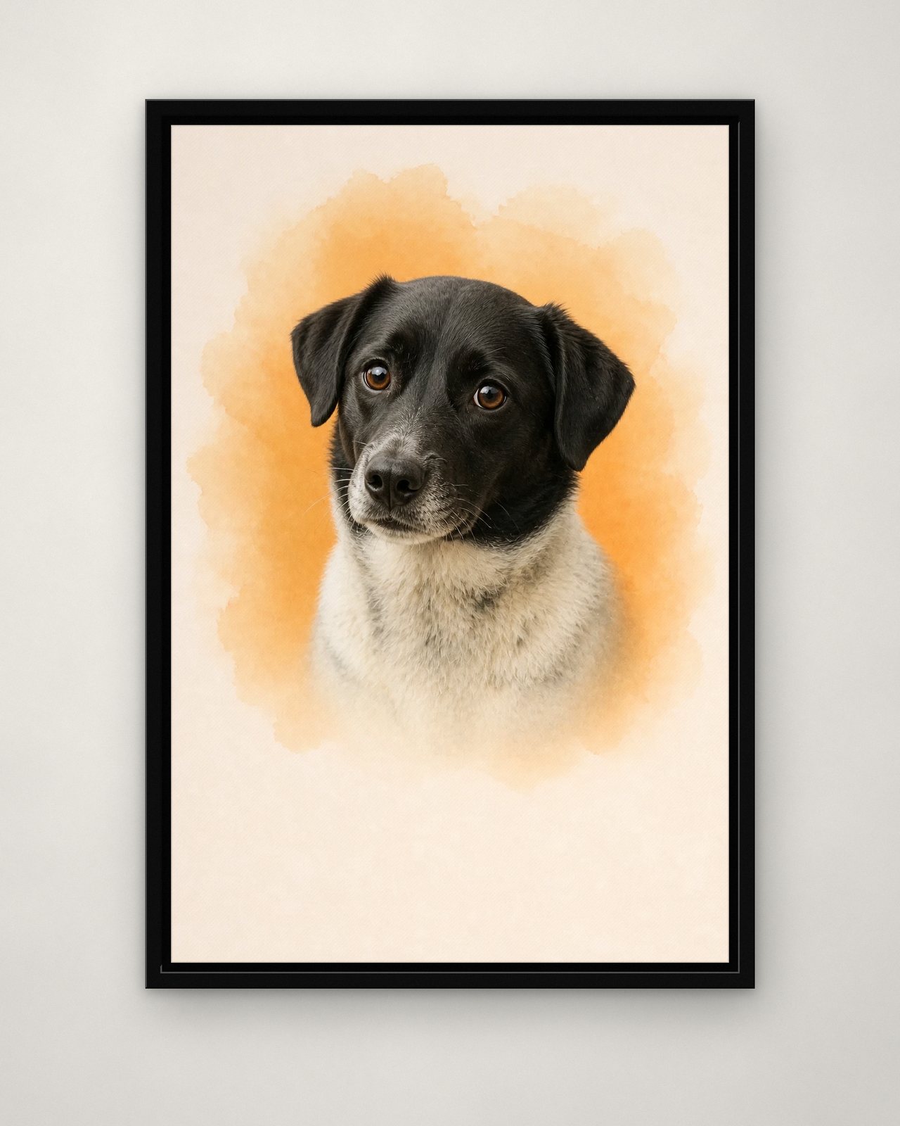 Amber Glow portrait on canvas in a black floating frame on a plain wall