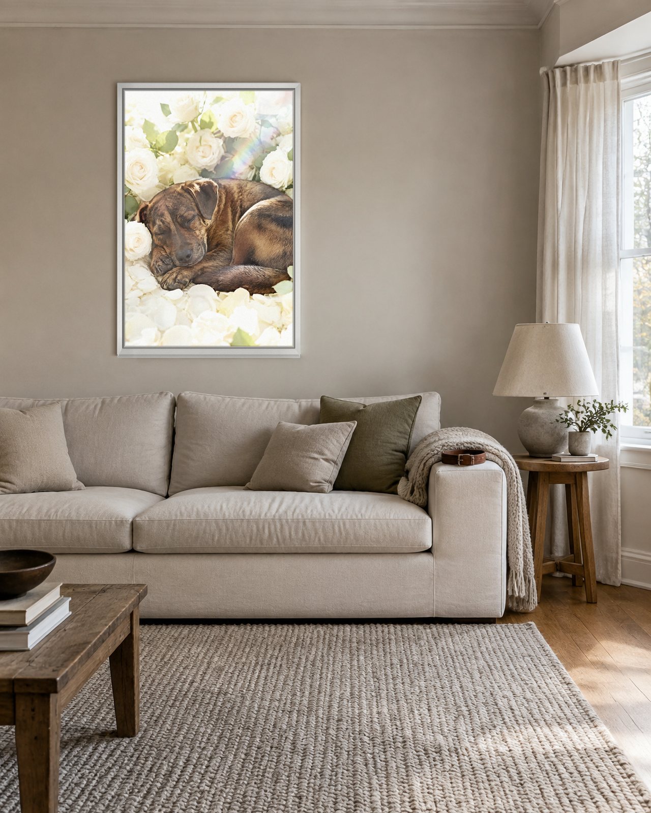 White Roses portrait on canvas in a white floating frame in a pale-stone sitting room with a bay window