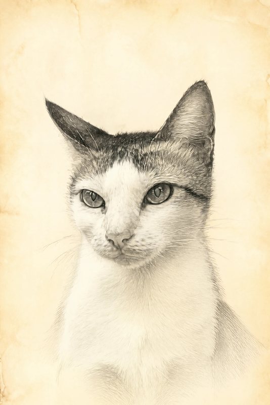 The Pencil Sketch look made with a white cat with a tabby cap