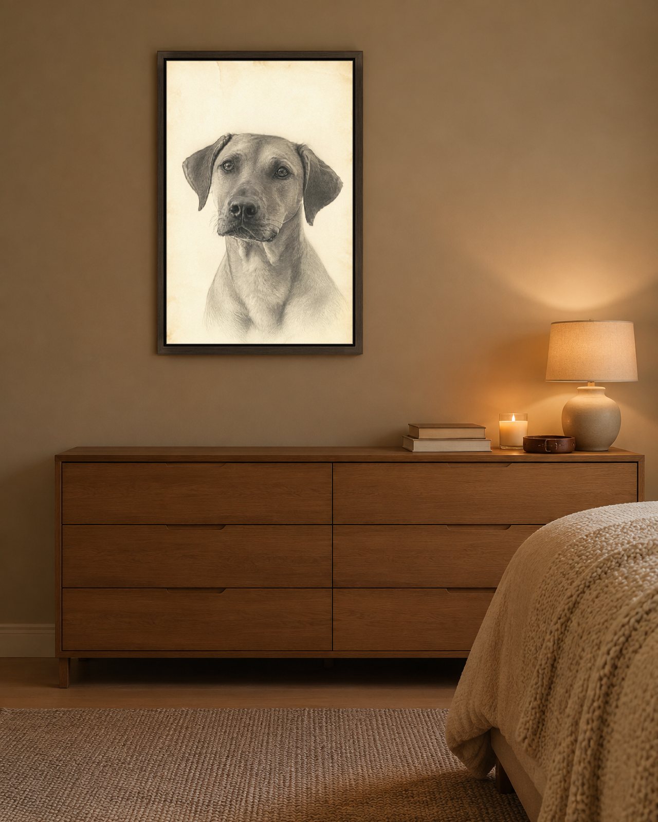 Pencil Sketch portrait on canvas in a brown floating frame in a cosy bedroom