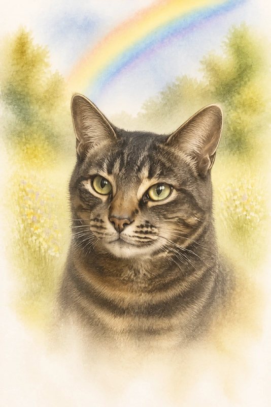 The Rainbow Bridge look made with a brown tabby cat