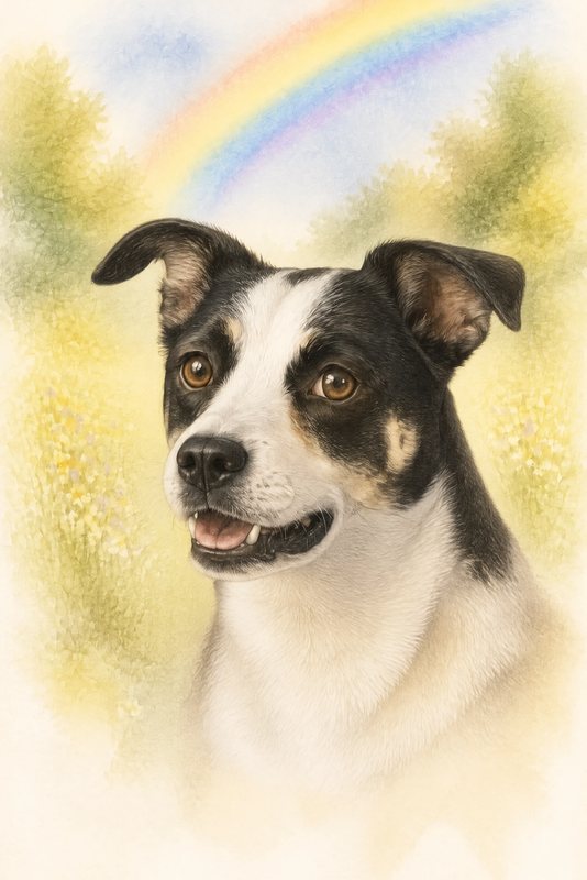 The Rainbow Bridge look made with a black-and-white dog