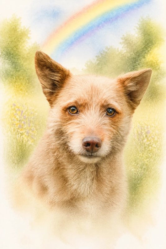 The Rainbow Bridge look made with a scruffy ginger terrier