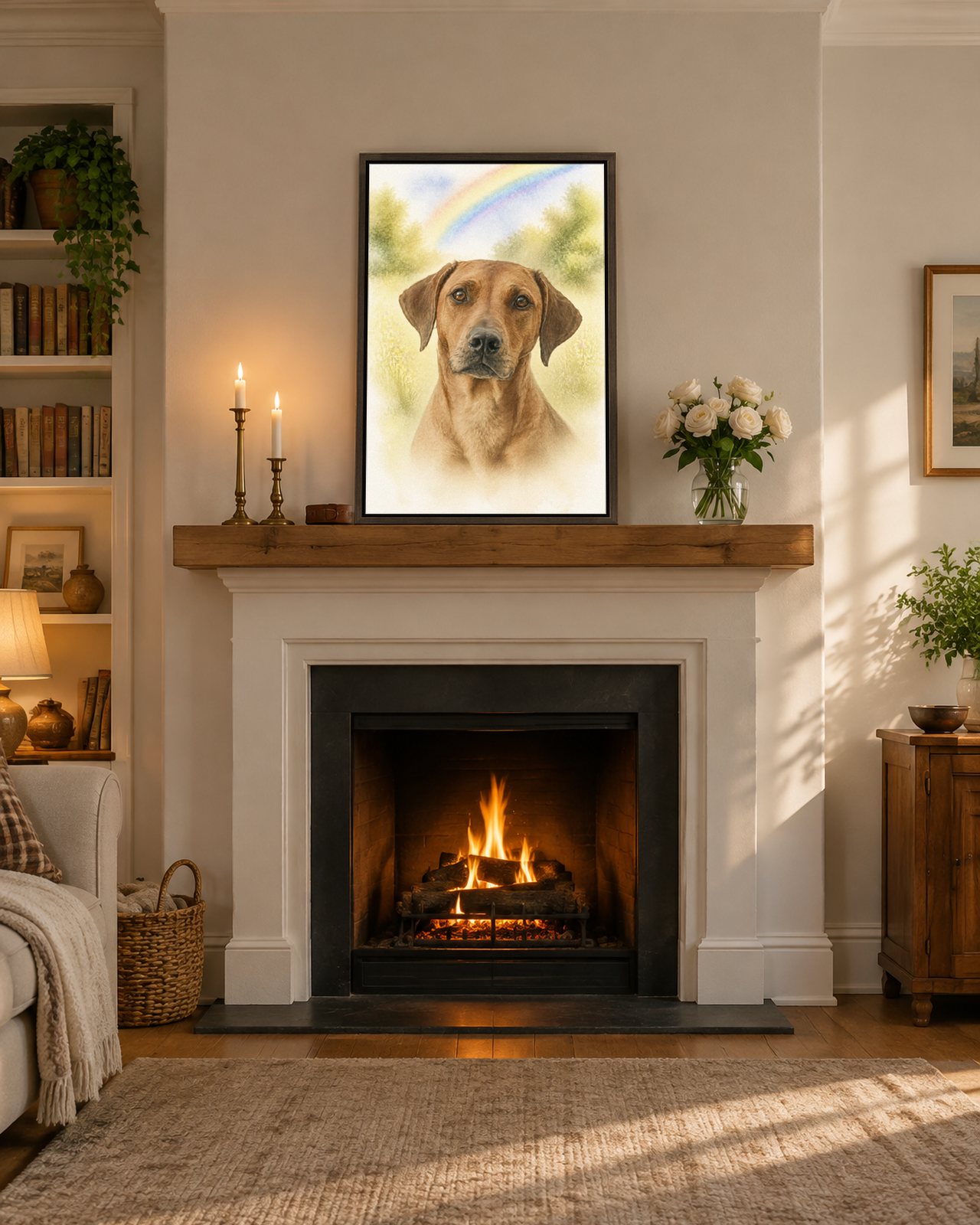 Rainbow Bridge portrait on canvas in a brown floating frame in a living room with a fireplace