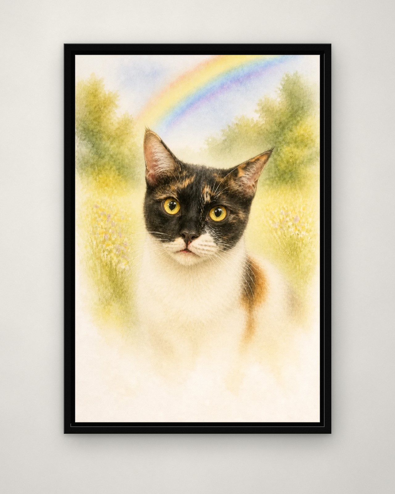 Rainbow Bridge portrait on canvas in a black floating frame on a plain wall