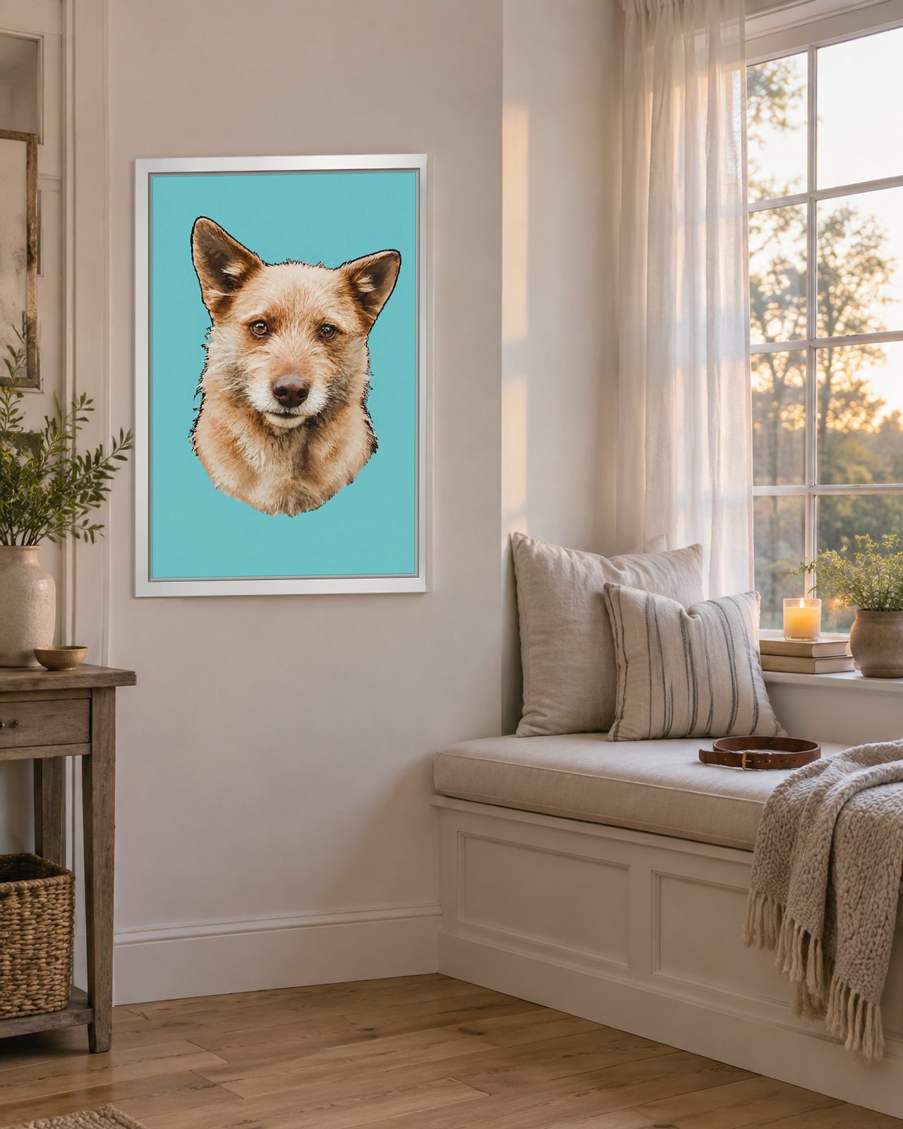 Teal Classic portrait on canvas in a white floating frame in a sunroom with a window seat