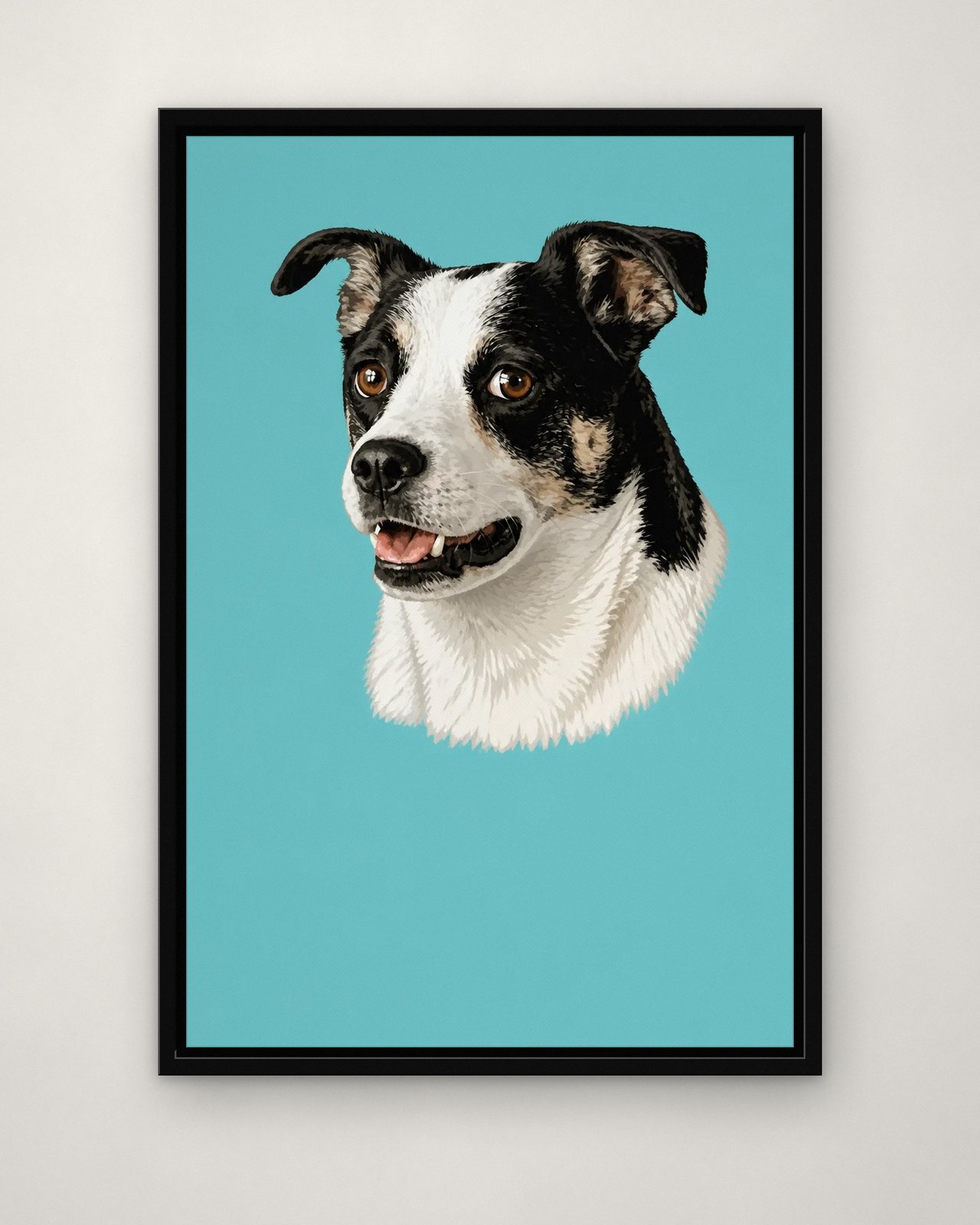 Teal Classic portrait on canvas in a black floating frame on a plain wall