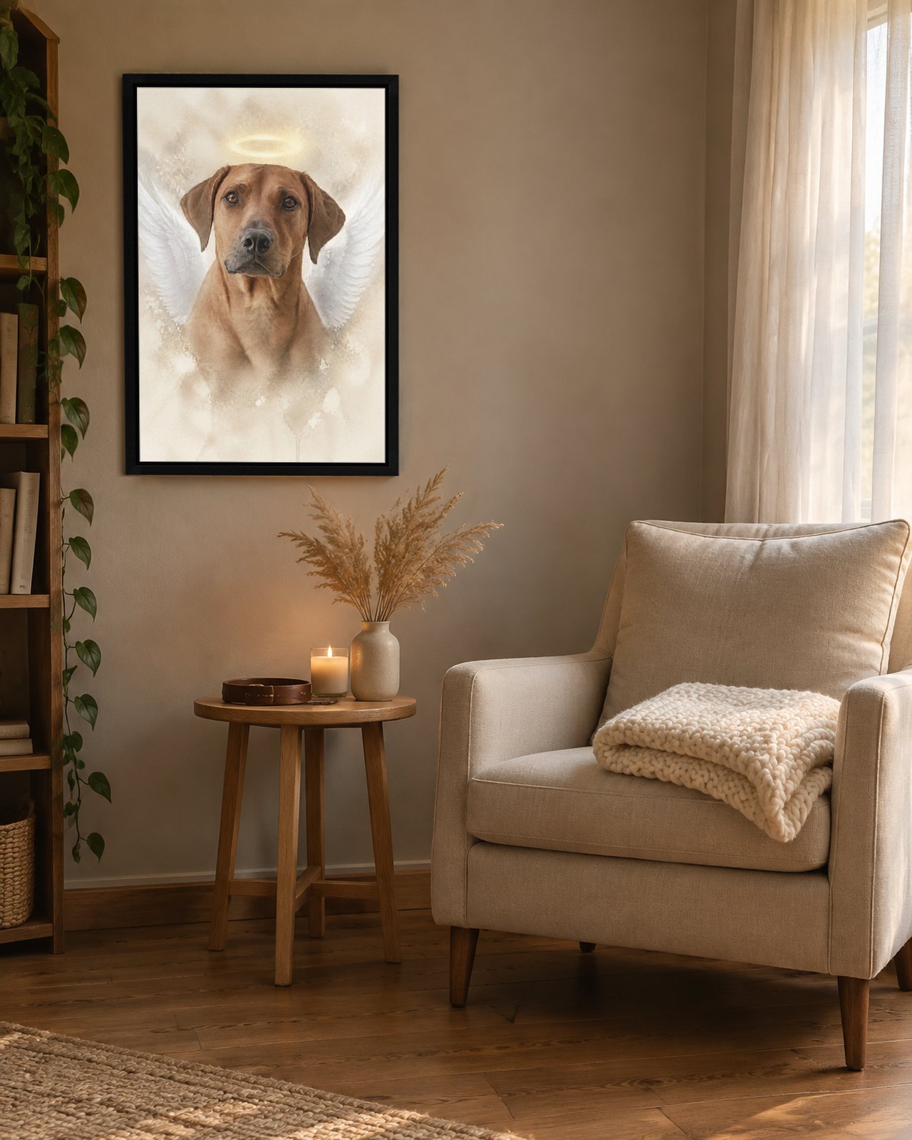 Angel Wings portrait on canvas in a black floating frame in a quiet reading corner