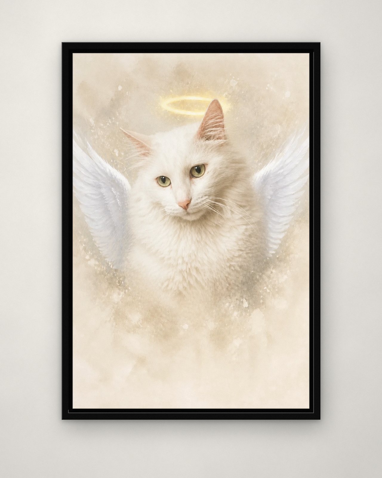 Angel Wings portrait on canvas in a black floating frame on a plain wall