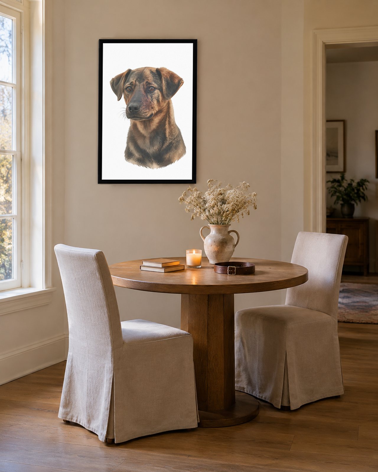 Simply You portrait on canvas in a black floating frame in a calm dining nook